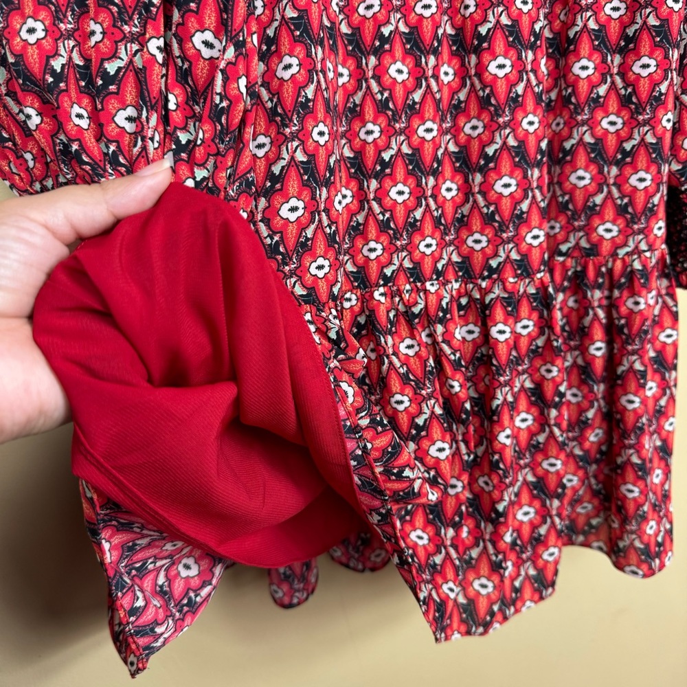 Alice + Olivia Elvira Tiered Long Sleeve Smocked Mini Dress in Red/Black Size 4 - Picture 9 of 16